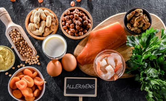 Composition with common food allergens including egg, milk, soya, nuts, fish, seafood, mustard, dried apricots and celery