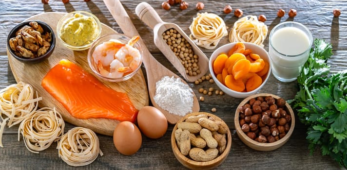 Composition with common food allergens including egg, milk, soya, nuts, fish, seafood, wheat flour, mustard, dried apricots and celery