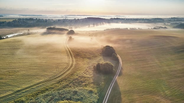 Aerial view of morning rural countryside. Agriculture green fields, with winding dirt road cutting through them. Fog and sunlight, creating serene mystical atmosphere over river and meadows
