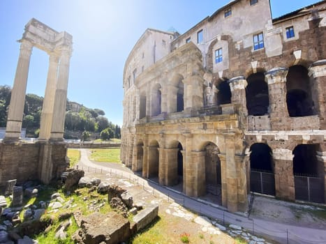 The ancient Theater of Marcellus in Rome on a sunny day. Ancient theater in Rome that is still partially preserved today. Tourist attraction