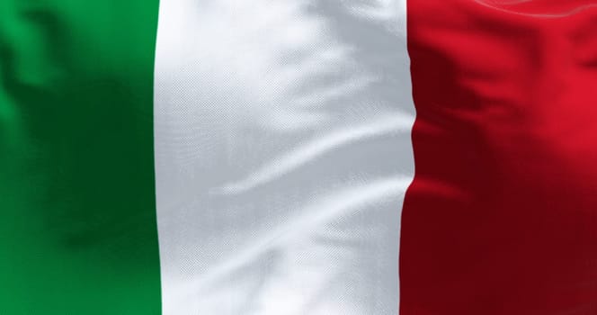 Close-up of the national flag of Italy waving in the wind on a clear day. Three vertical bands of green, white and red. 3d illustration render. Rippled fabric.