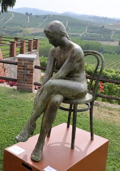 Grinzane Cavour, Italy - Sept 8, 2022: Open air art installation with sculptures by Sergio Unia in the garden of Grinzane Cavour Castle. Piedmont, Italy