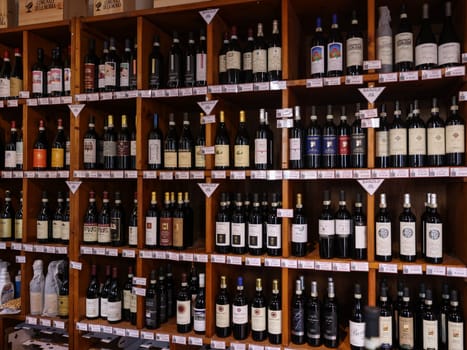 La Morra, Piedmont, Italy - Sept 8, 2022: Interior of a wine shop in La Morra, Piedmont, Italy