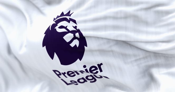 London, UK, april 22 2023: Three Premier League flags waving in the wind. Premier League is the top level of the English football league system. Illustrative editorial 3d illustration render
