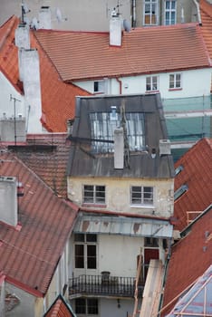 Vertical aerial view of the historic buildings in the Old Town of Prague, Czech Republic