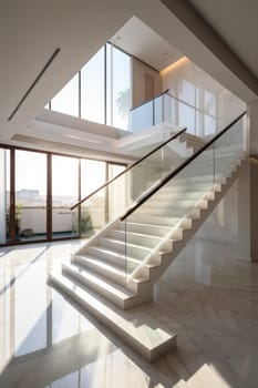 Luxury white marble L shape stairway with glass. Interior background. Generative AI