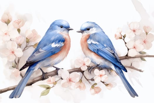 Pair of blue birds in spring nature. Pastel color style in blue tones - Generative AI