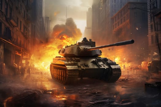 Tank in a city destroyed by war. Army battle, artillery weapons force conflict. Generative AI