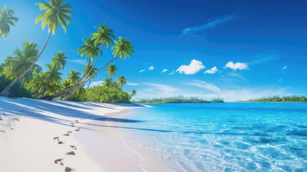 Tropical paradise beach with white sand with footprints and crystal clear blue water. Generative AI