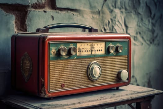 Vintage radio against the wall. Retro style. Generative AI