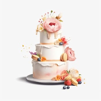 Watercolor wedding cake with flowers. Generative AI