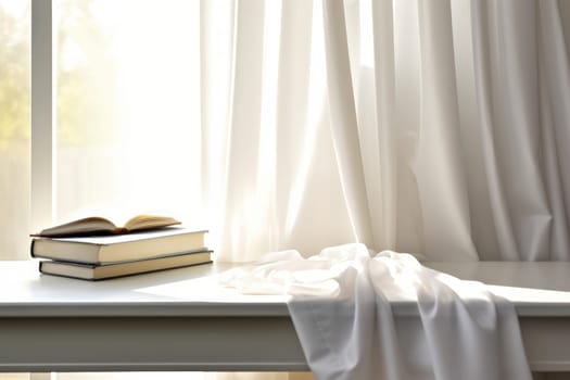 Table with three books and curtain in sunlight. Generative AI
