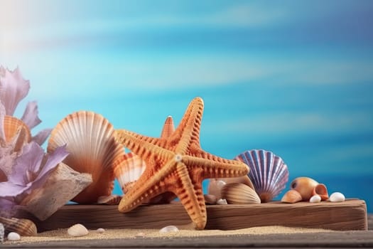 Beach scene concept with sea shells and starfish. Generative AI