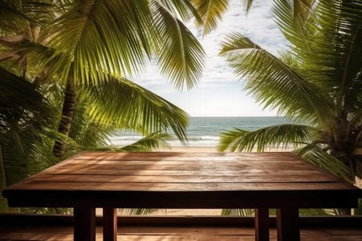 Empty wood table over blue sea, beach and palm leaves background in summer day. Space for product display. Generative AI