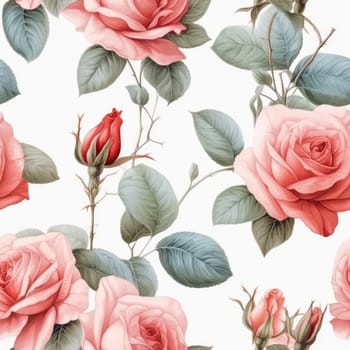 Seamless watercolor pattern with flowers and leaves. Floral pattern for wallpaper or fabric. Flower rose. Generative AI