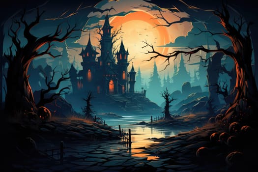 Halloween haunted house. Spooky illustration. Generative AI