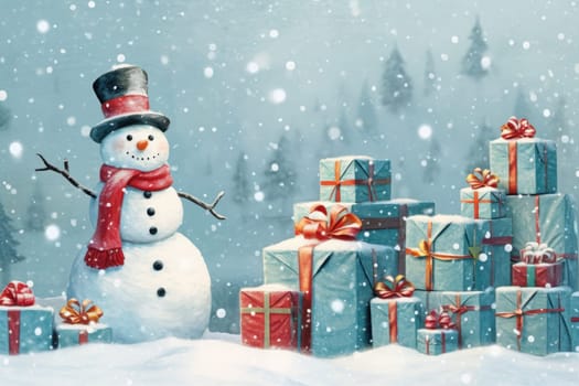Christmas gift boxes on snow with snowman. Generative AI