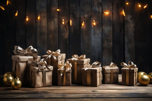 Wrapped christmas gifts on a decorated background. Generative AI