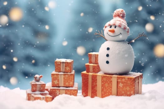 Christmas gift boxes on snow with snowman. Generative AI