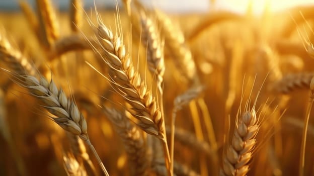 Wheat field. Ears of golden wheat closeup. Harvest concept. Generative AI