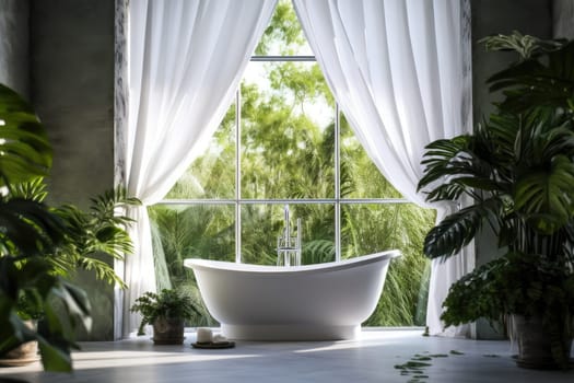 Luxury ceramic bathtub by the window and green tropical plants. Modern interior. Generative AI