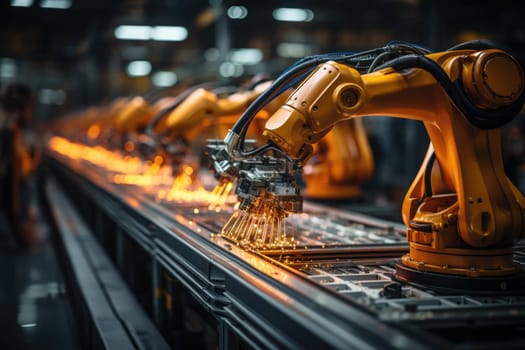 Robotic arm for electronic assembly line. Smart modern factory automation using advanced machines. Generative AI