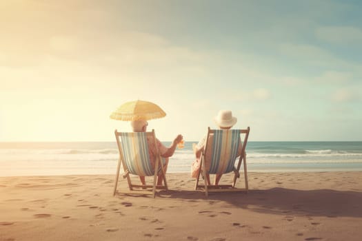 Happy seniors enjoying of retirement on a beach. Generative AI
