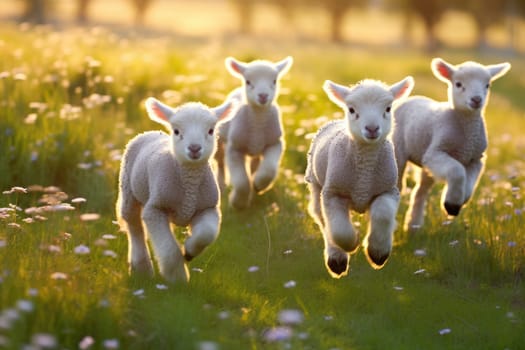 Happy lambs running in the meadow. Generative AI