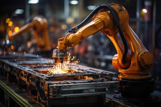 Robotic arm for electronic assembly line. Smart modern factory automation using advanced machines. Generative AI