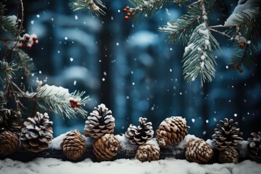 Christmas decoration with pine cones. Christmas background with space for text. Generative AI