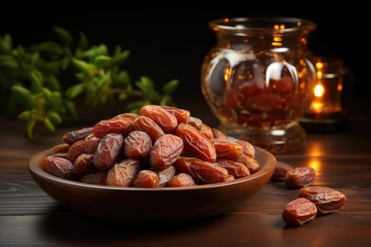 Ramadan Fasting Dates on Wood Table. Generative AI