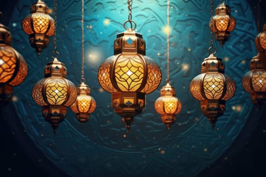 Ornamental Arabic lanterns. Muslim holy month Ramadan Kareem. Generative AI