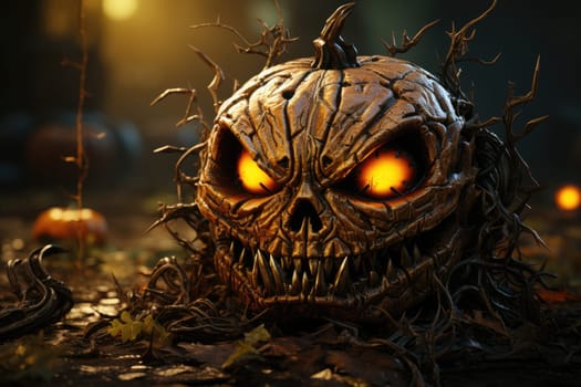 Carved pumpkin with a skull face. Generative AI