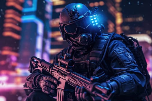 Special forces soldier police a with high technology gun. Generative AI