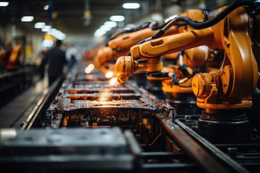 Robotic arm for electronic assembly line. Smart modern factory automation using advanced machines. Generative AI