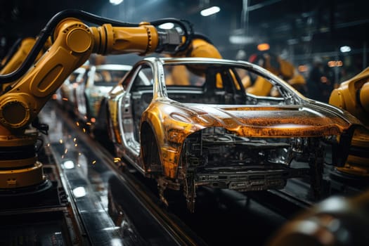 Robotic arm for electronic assembly line. Smart modern factory automation using advanced machines. Generative AI