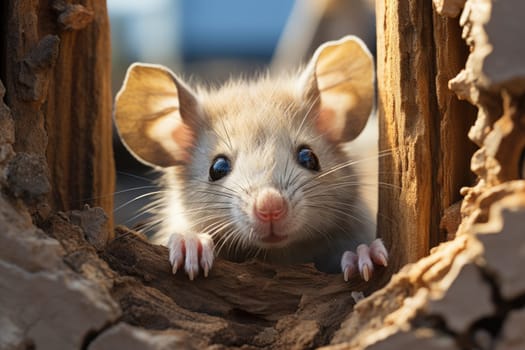 Mouse looks out of a hole, a rodent in a field. Generative AI