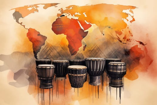 African drums and world map in the background. Generative AI