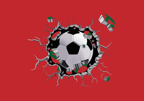 3D football through the wall with Morocco flag pattern attached.