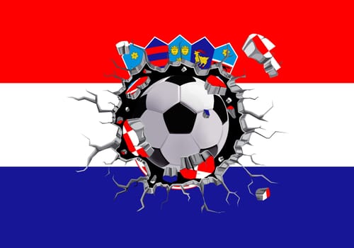 3D football through the wall with Croatia flag pattern attached.