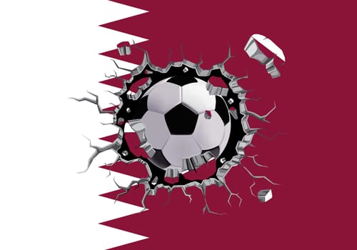 3D football through the wall with Qatar flag pattern attached.