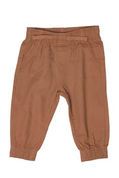 Clothes for newborn. Stylish brown baby pants or sweatpants isolated on white background. Clipping path. Baby clothes. Kids trousers.
