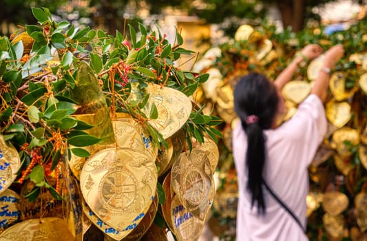 Buddhist golden leaves with wishes and blessings on Bodhi tree in selective focus foreground, female adult in blurred background tying up one leaf to branch. Multi-language handwritten inscriptions, traditional prayer in Buddhism, Thai rituals.