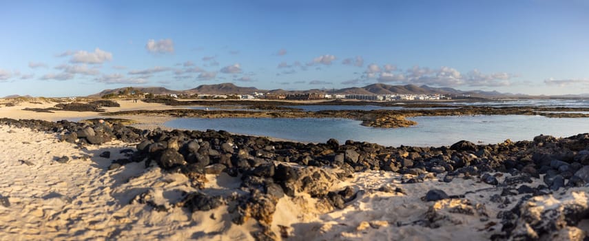 Panoramic view of El Cotillo city in Fuerteventura, Canary Islands, Spain. Scenic colorful traditional villages of Fuerteventura, El Cotillo in northen part of island. Canary islands of Spain.