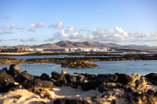 Panoramic view of El Cotillo city in Fuerteventura, Canary Islands, Spain. Scenic colorful traditional villages of Fuerteventura, El Cotillo in northen part of island. Canary islands of Spain.