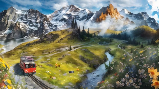 The Electric tourist train and Eiger North face, Bernese Oberland, Switzerland - ai generated