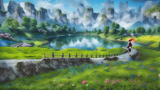 The Beautiful mountain landscape with blossoming rhododendron flower - ai generated