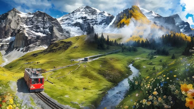 The Electric tourist train and Eiger North face, Bernese Oberland, Switzerland - ai generated