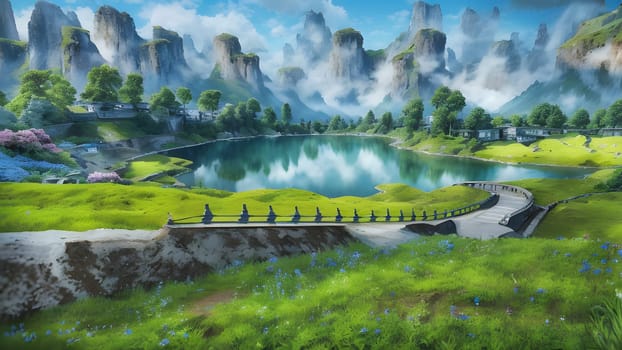 The Beautiful mountain landscape with blossoming rhododendron flower - ai generated