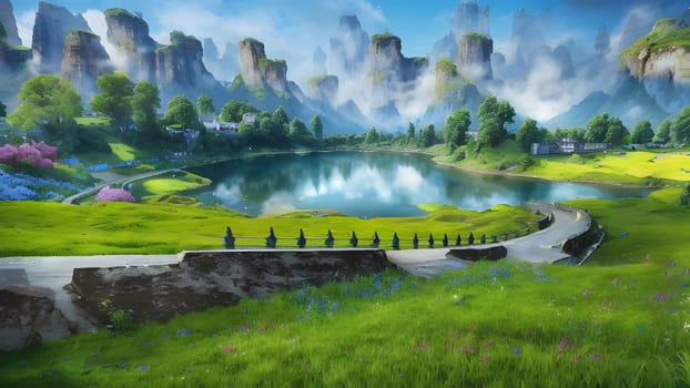 The Beautiful mountain landscape with blossoming rhododendron flower - ai generated